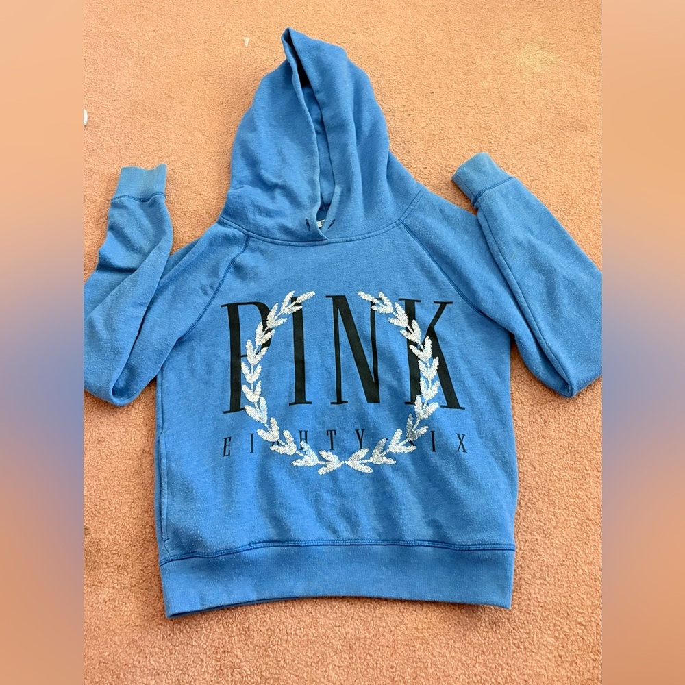 Victoria Secret Pink Silver Sequin Bling Crest Blue Hoodie Sweatshirt -M